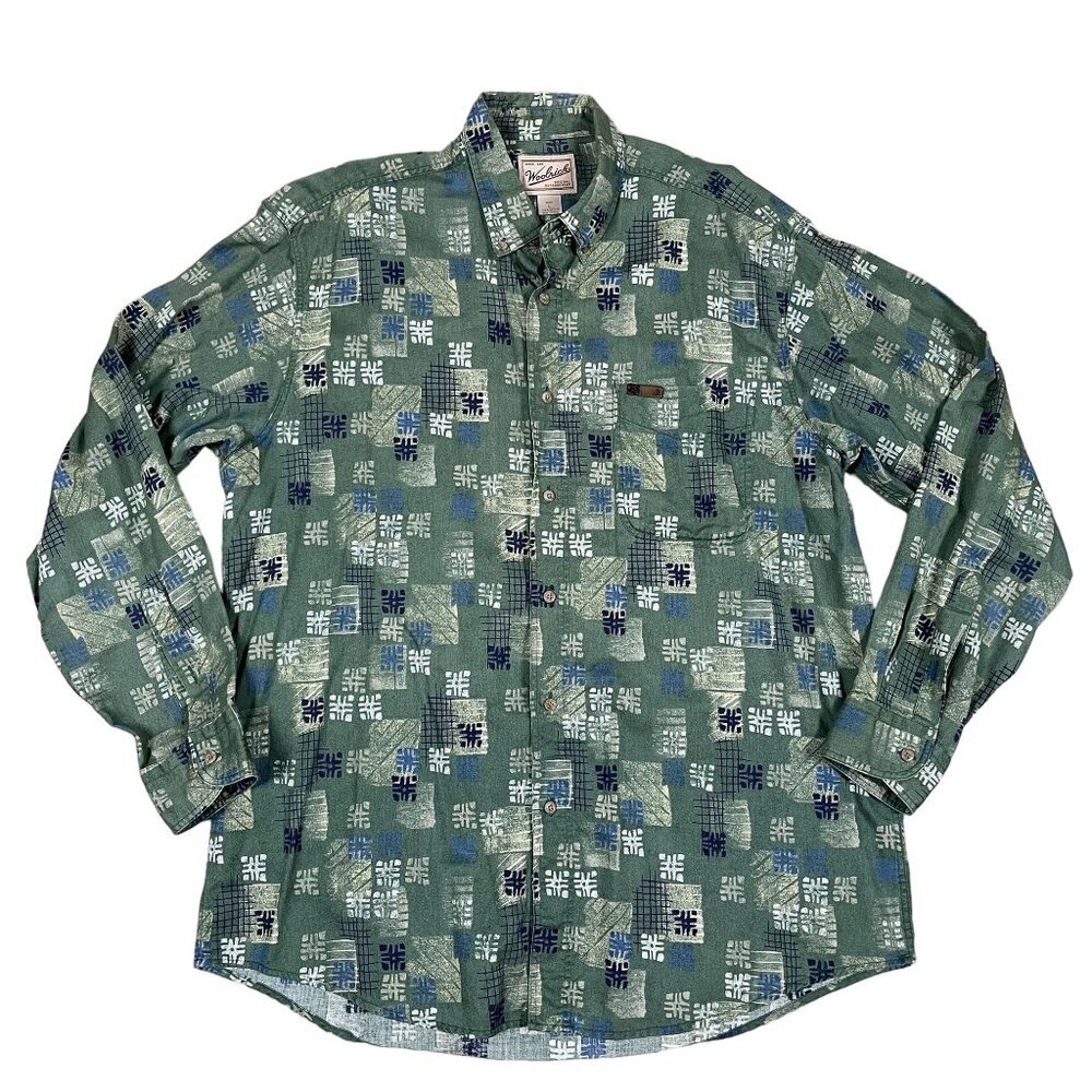 Woolrich Button Down Mens L Green Geometric Abstract Print Long‎ Sleeve Cotton